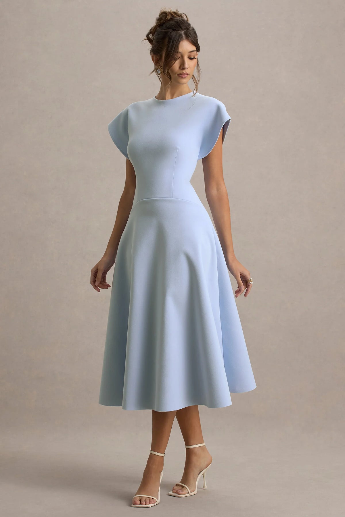Linda | Powder Blue Crew-Neck Cap-Sleeve Midi Dress