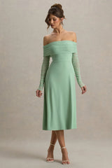 Flatter Me | Light Green Bardot Midi Dress With Mesh Sleeves