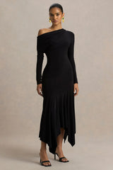 Isola | Black Asymmetric-Neck Midi Dress With Drop-Waist