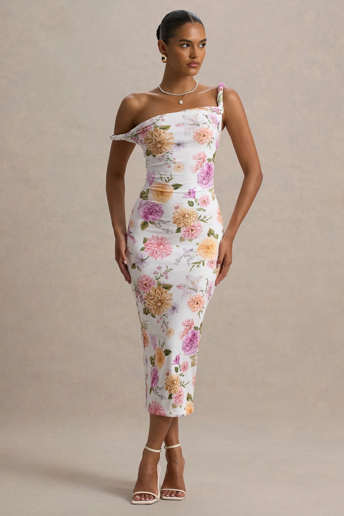 Nora | Peach And Lilac Floral Twisted Asymmetric Midi Dress