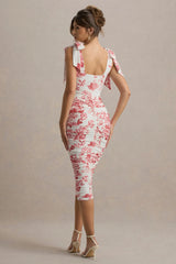 Cordelia | Pink Porcelain Print Bodycon Midi Dress With Bow Straps