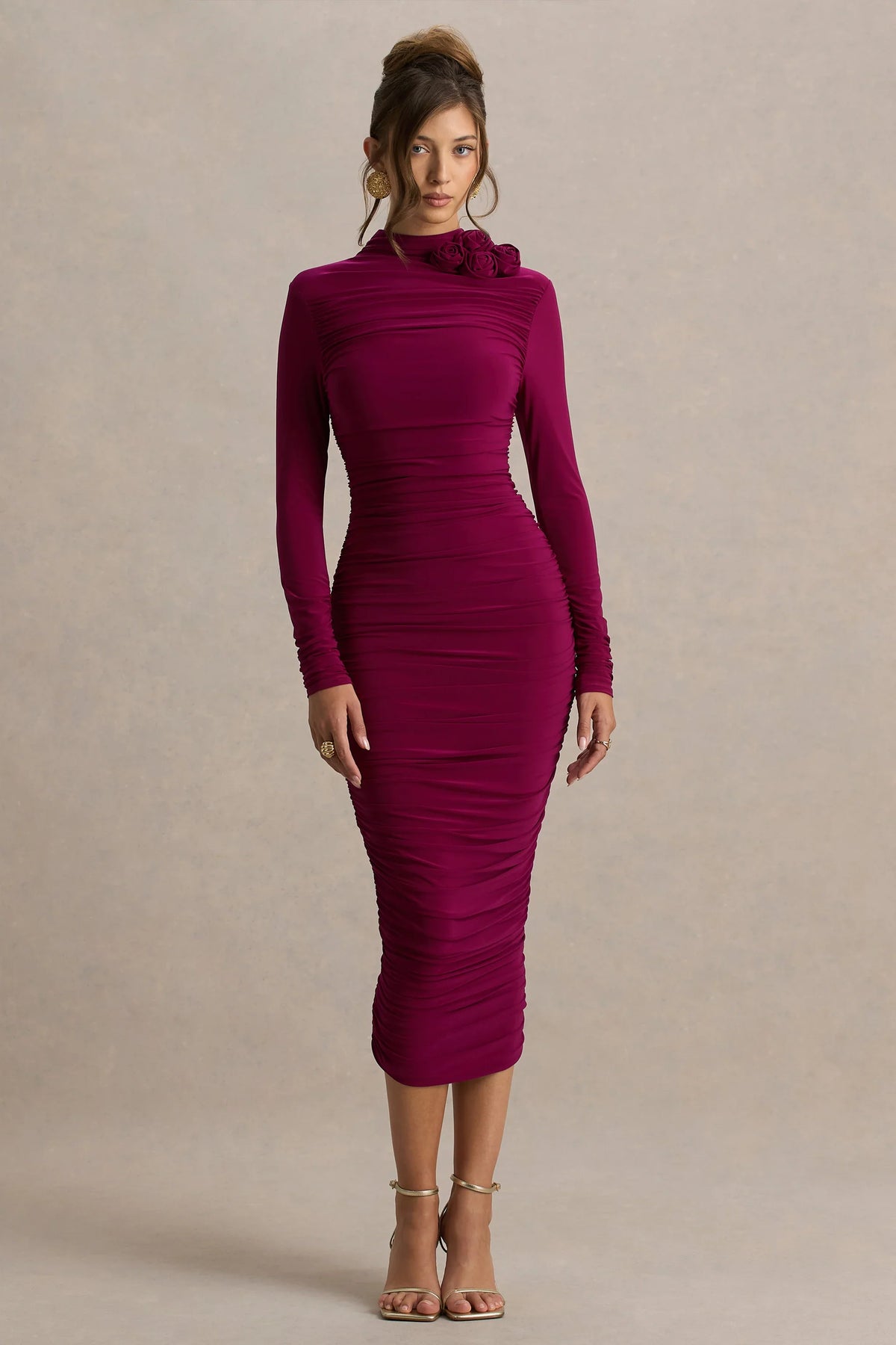 Tamara | Burgundy Long-Sleeve Ruched Midi Dress
