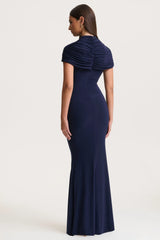 Azaria | Navy High-Neck Maxi Dress With Ruched Detailing