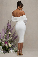 Patiently Waiting | White Maternity Ruched Mesh Bardot Midi Dress
