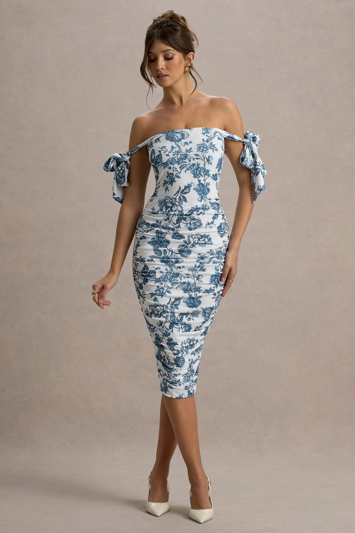 Citrus | Blue Porcelain Print Bardot Bodycon Midi Dress With Bow Sleeves