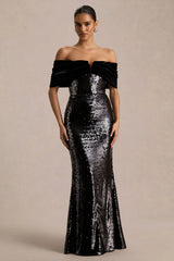 Bex | Black Sequin Bardot-Neck Maxi Dress