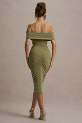 Clovette | Olive Ruched Bardot Cut-Out Midi Dress