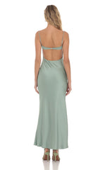 Satin Sweetheart Neck Maxi Dress in Sage Green