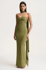 Sheila | Olive Bandeau Maxi Dress With Scarf Detail