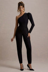 San Jose | Black One-Shoulder Puff-Sleeve Jumpsuit