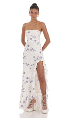 Floral Strapless Back Bow Corset Maxi Dress in White