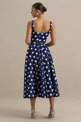 Berta | Navy And White Polka-Dot Square-Neck Midi Dress