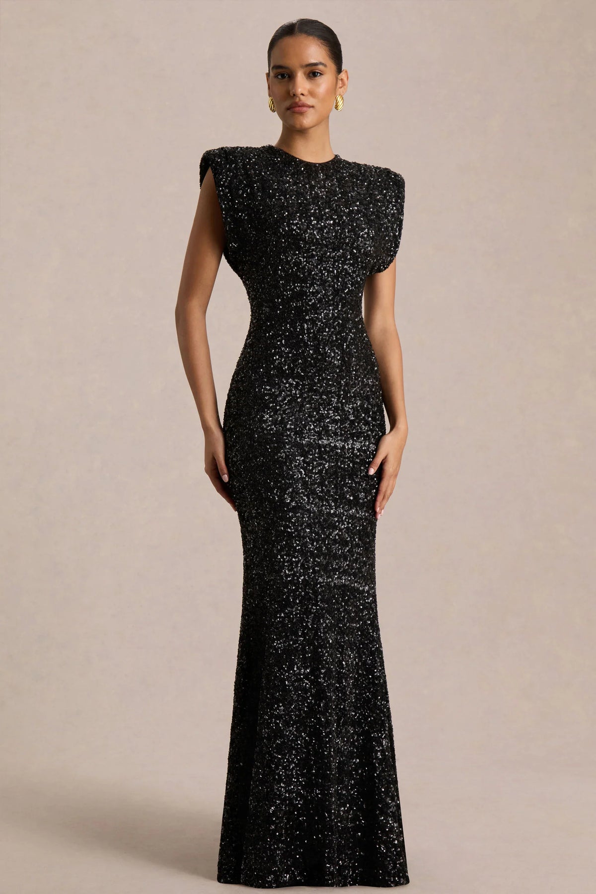 Aurah | Black Sequin Crew-Neck Maxi Dress With Cap Sleeves