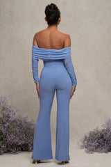 Count Down | Powder Blue Maternity Ruched Mesh Bardot Jumpsuit