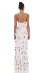 Floral Strapless Back Bow Corset Maxi Dress in White