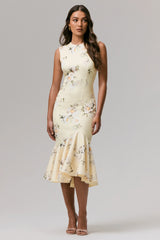 Priceless | Lemon Print Crew-Neck Fishtail Midi Dress