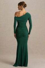 Clover | Dark Green Asymmetric-Neck Wrapped Maxi Dress With Sash