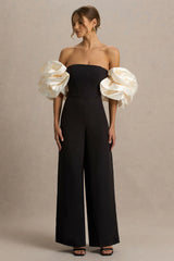 Panama | Black Bardot Jumpsuit With Cream Puff Sleeves