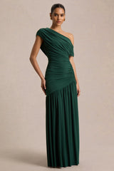 Kady | Dark Green Asymmetric-Neck Maxi Dress With Ruched Detailing