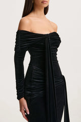 Jessara | Black Bardot-Neck Maxi Dress With Knot-Details