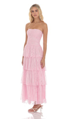 Lace Ruched Ruffle Maxi Dress in Pink