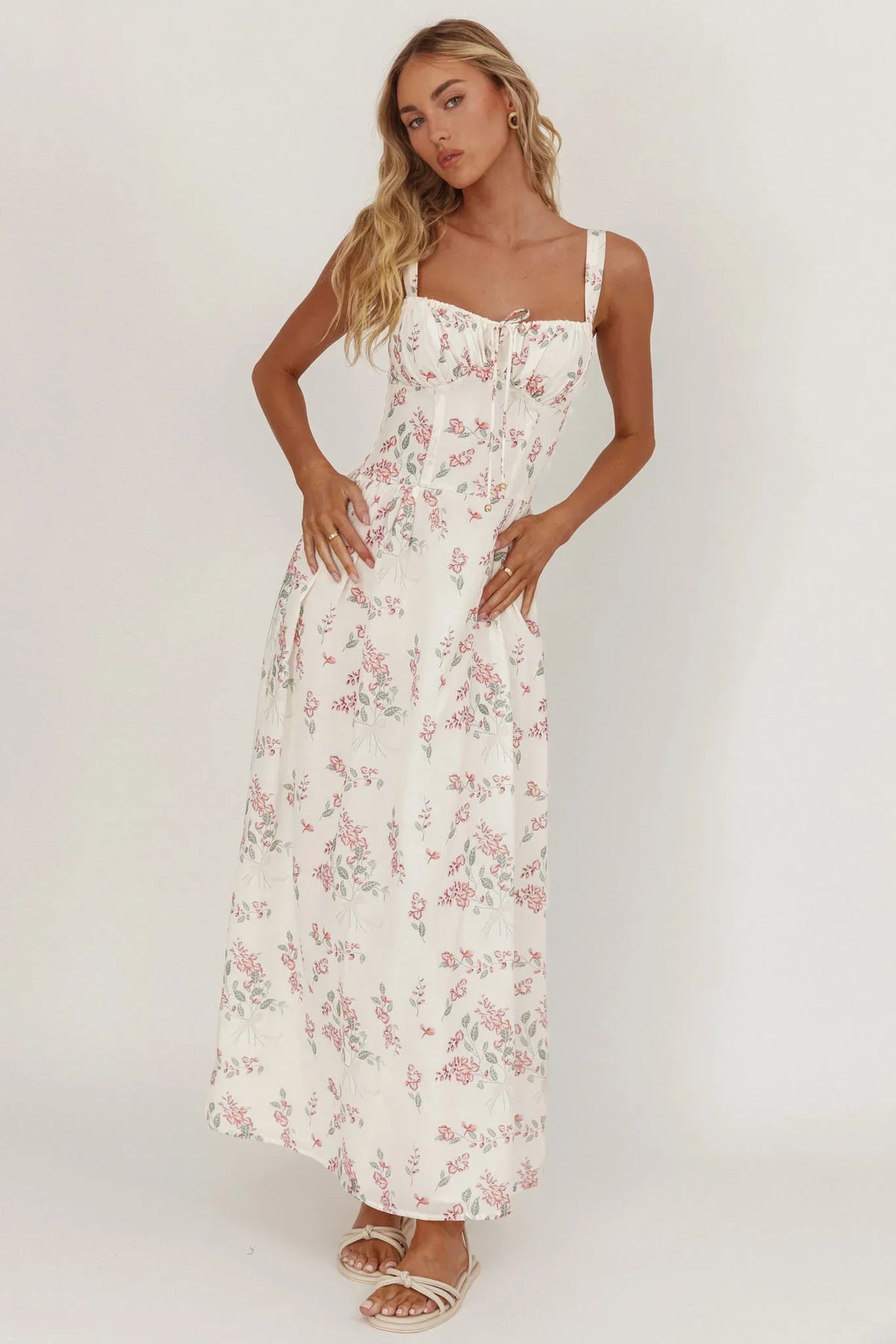 Seen The Light Tie Bust Maxi Dress Floral Cream/Pink