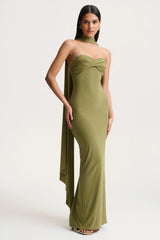 Sheila | Olive Bandeau Maxi Dress With Scarf Detail