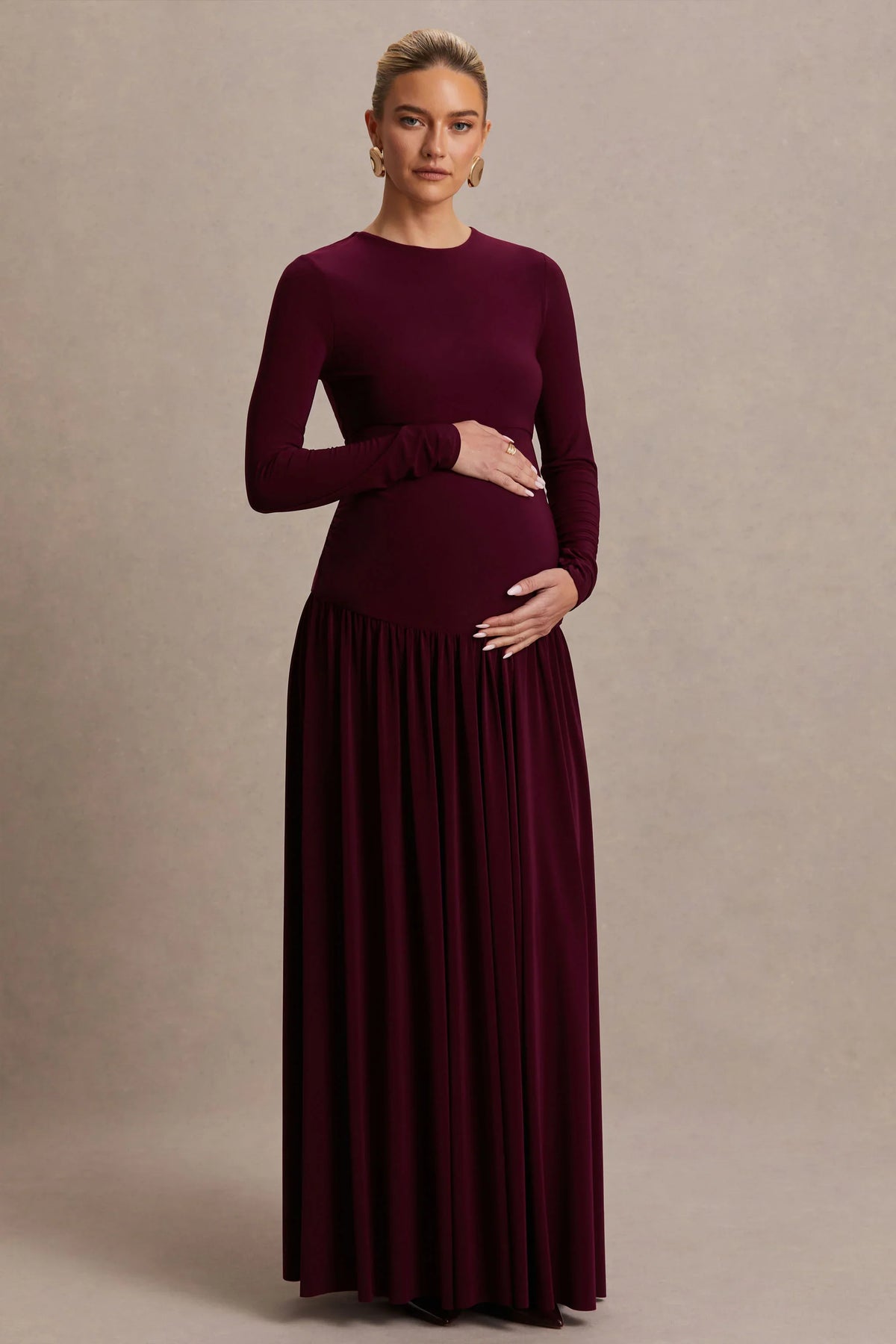 Monroe | Burgundy Crew-Neck Maternity Maxi Dress With Drop-Waist