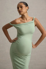 Salome | Light Green Twisted Asymmetric Maternity Midi Dress