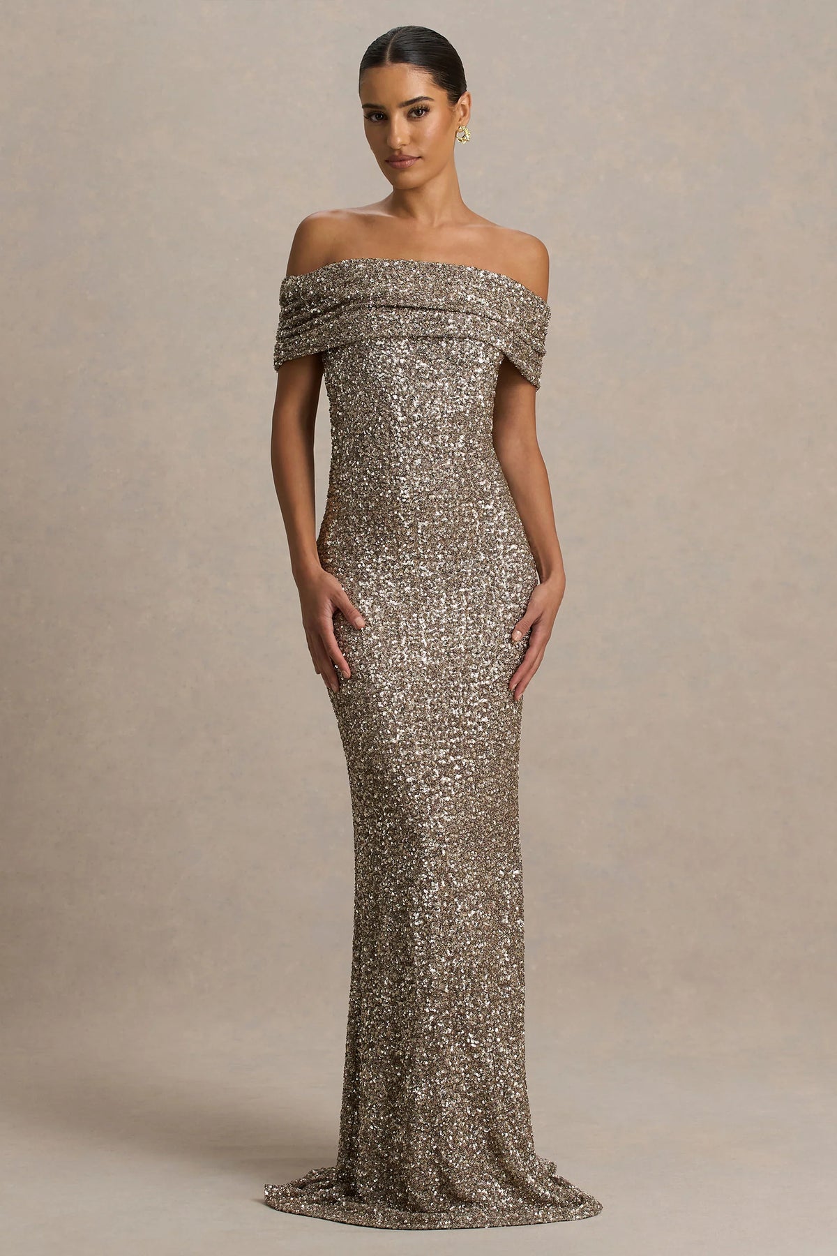 Melina | Champagne Sequin Bardot-Neck Maxi Dress