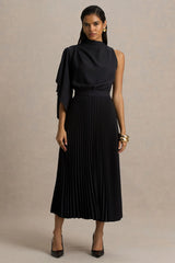 Jimena | Black High-Neck Midi Dress With One-Long Sleeve And Pleated Detailing