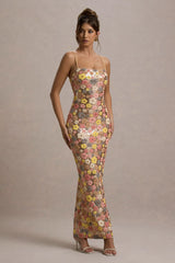 Vitora | Pastel Floral Print Sequin Square-Neck Maxi Dress