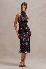 Violette | Black Ditsy Floral Print Satin High-Neck Split Midi Dress