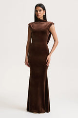Malora | Brown Velvet High-Neck Maxi Dress With Open-Back