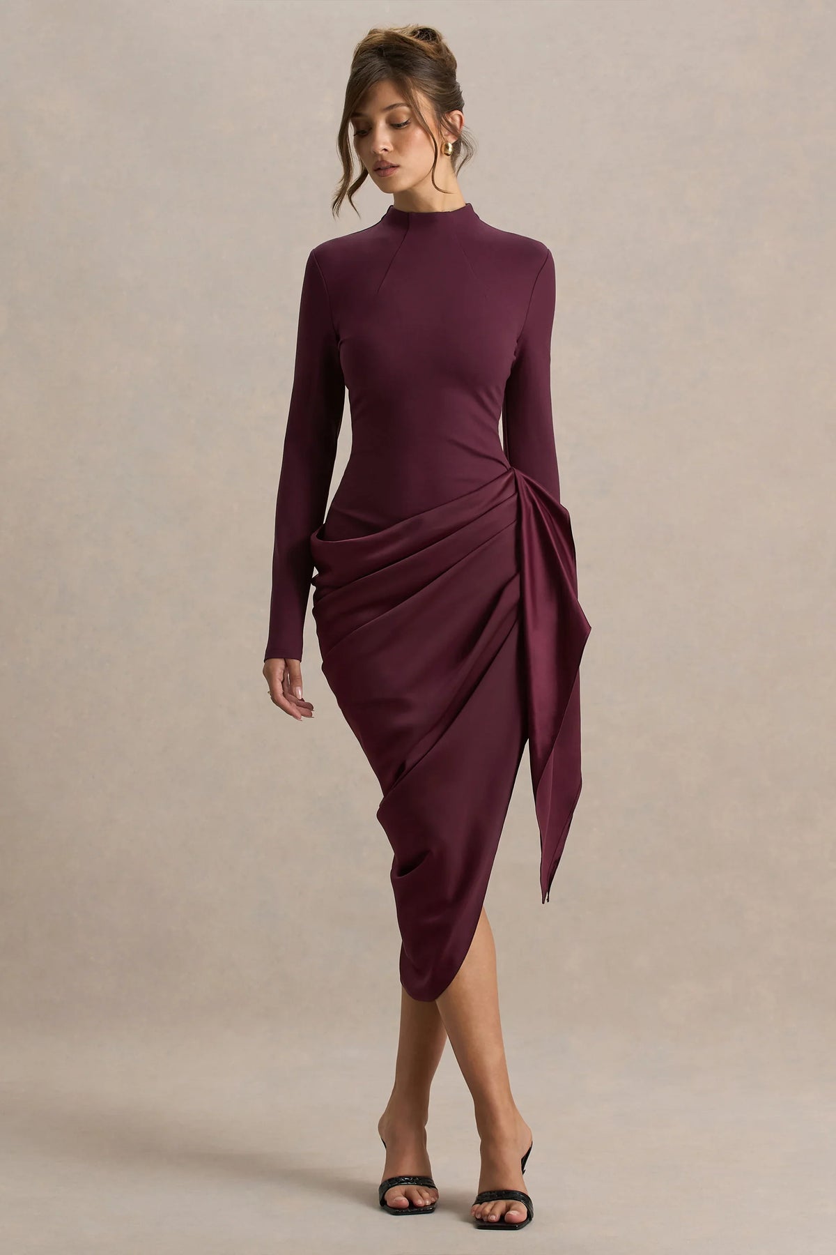 Raffie | Plum Long-Sleeve Midi Dress With Satin Wrap Skirt
