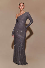 Marcia Diamante Long Sleeve Maxi Dress - Gunmetal