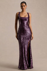 High Life | Plum Sequin Square-Neck Maxi Dress With Front-High Split