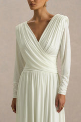 Alexis | Cream Plunge-Neck Midi Dress With Draped And Ruched Detailing