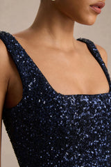 Lima | Navy Sequin Square-Neck A-Line Midi Dress
