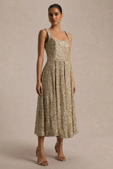 Lima | Champagne Sequin Square-Neck A-Line Midi Dress