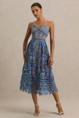 Zuri | Blue Lace Sweetheart Midi Dress With Cami Straps