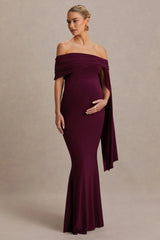 Aquila |  Burgundy Bardot Maternity Maxi Dress With Drape Sleeve