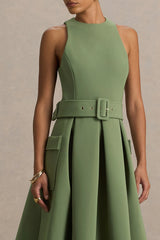 Elisia | Olive Crew-Neck Belted Midi Dress