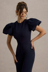 Dillon | Navy Puff-Sleeve Straight-Leg Jumpsuit