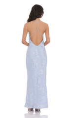 Floral Jacqaurd Cowl Neck Maxi Dress in Light Blue