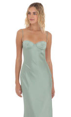 Satin Sweetheart Neck Maxi Dress in Sage Green