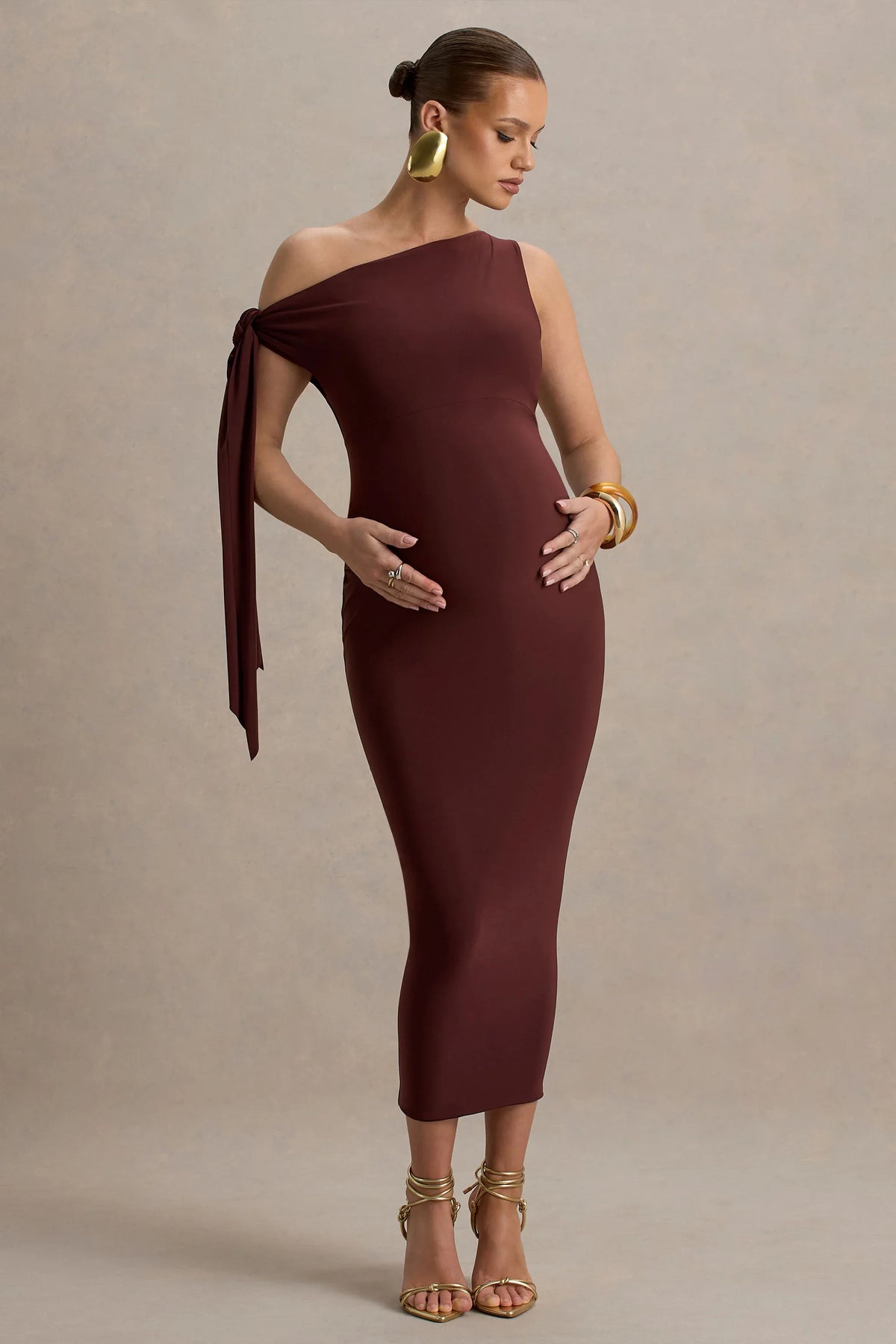 Katarine | Brown Asymmetric Knot Maternity Midi Dress