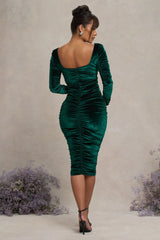 New Life | Bottle Green Velvet Maternity Square Neck Ruched Midi Dress