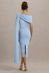 Niamh | Powder Blue Asymmetric Midi Dress With Drape