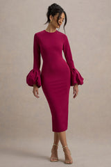 Celie | Mulberry Long-Sleeve Midi Dress With Puff Cuffs